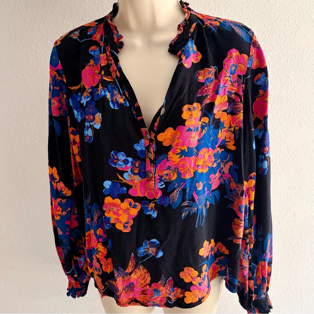 Anthro Maeve Colette Peasant Blouse Floral Boho Black Pink Size S - Picture 4 of 12